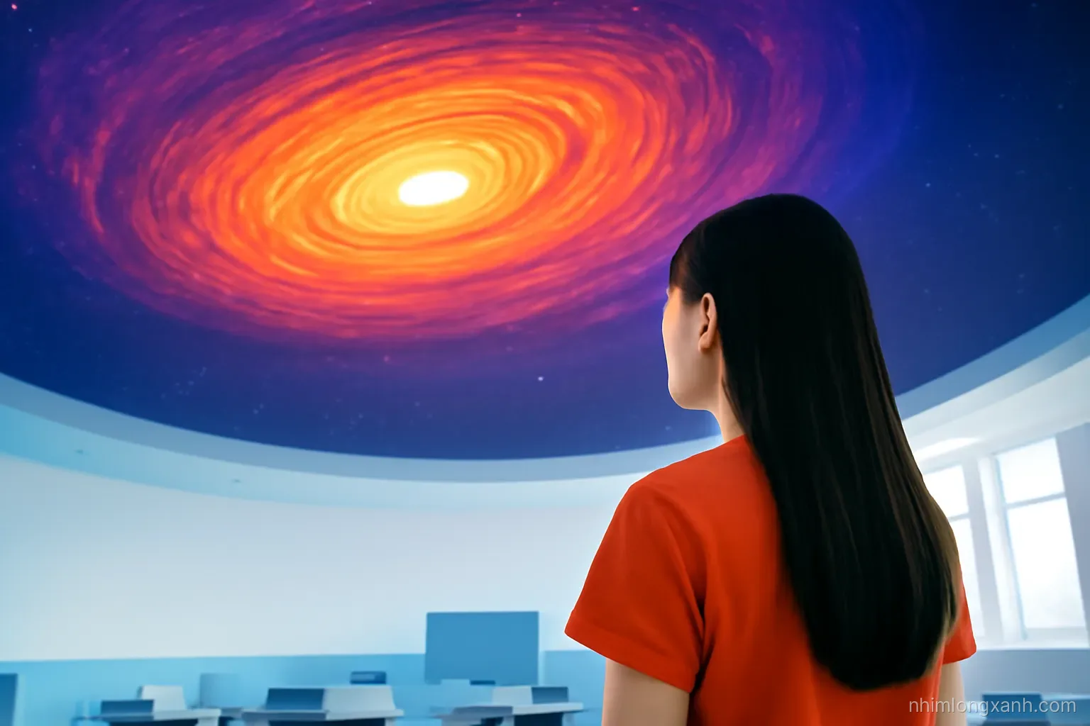 Over-the-shoulder view of a Vietnamese teenage girl inside a modern planetarium dome watching a glowing orange swirling accretion disk projected overhead, deep indigo and magenta tones