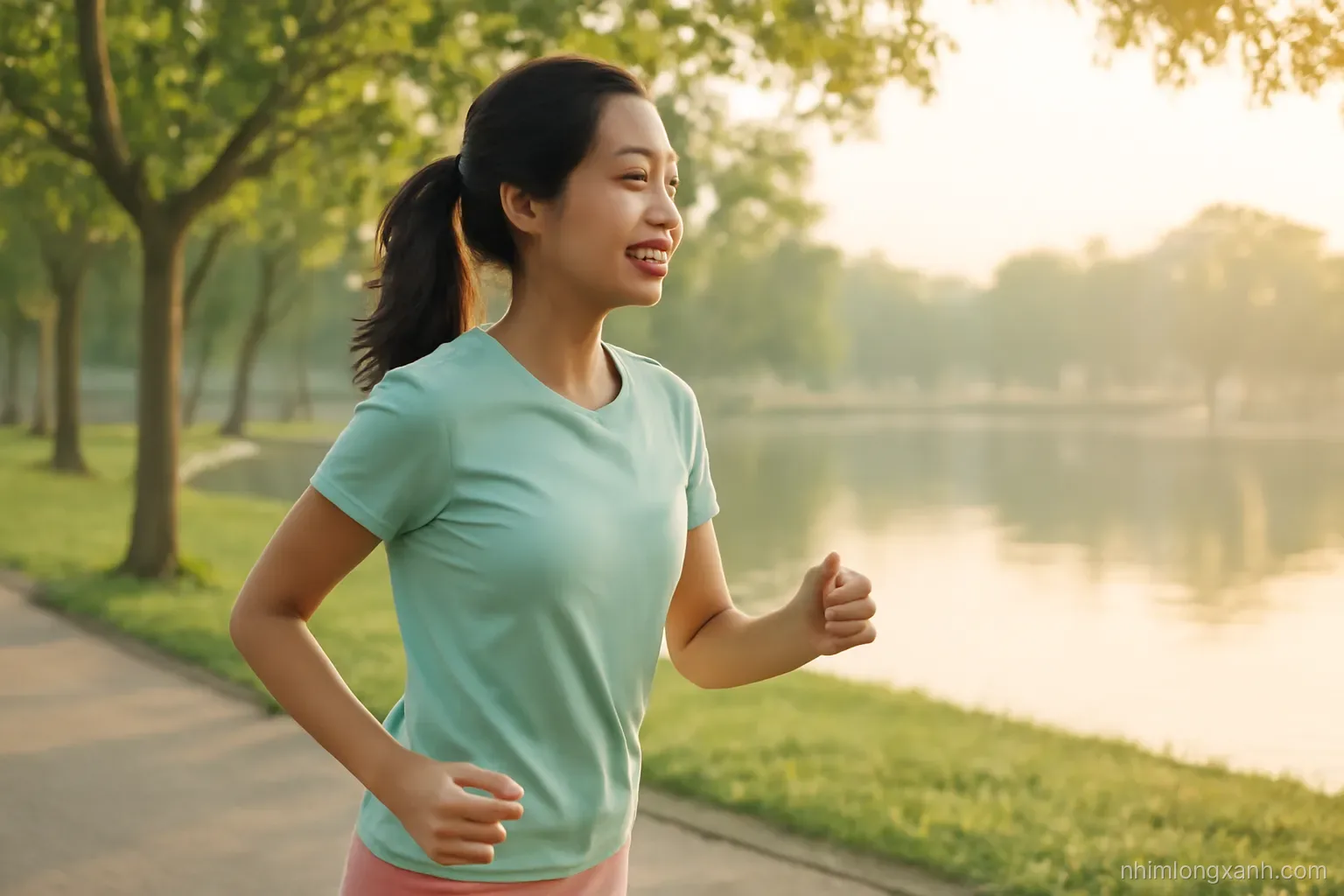 Eye-level tracking side view of a young Vietnamese woman jogging slowly along a tree-lined lakeside path at sunrise, soft golden light, mint green and peach tones, relaxed smile