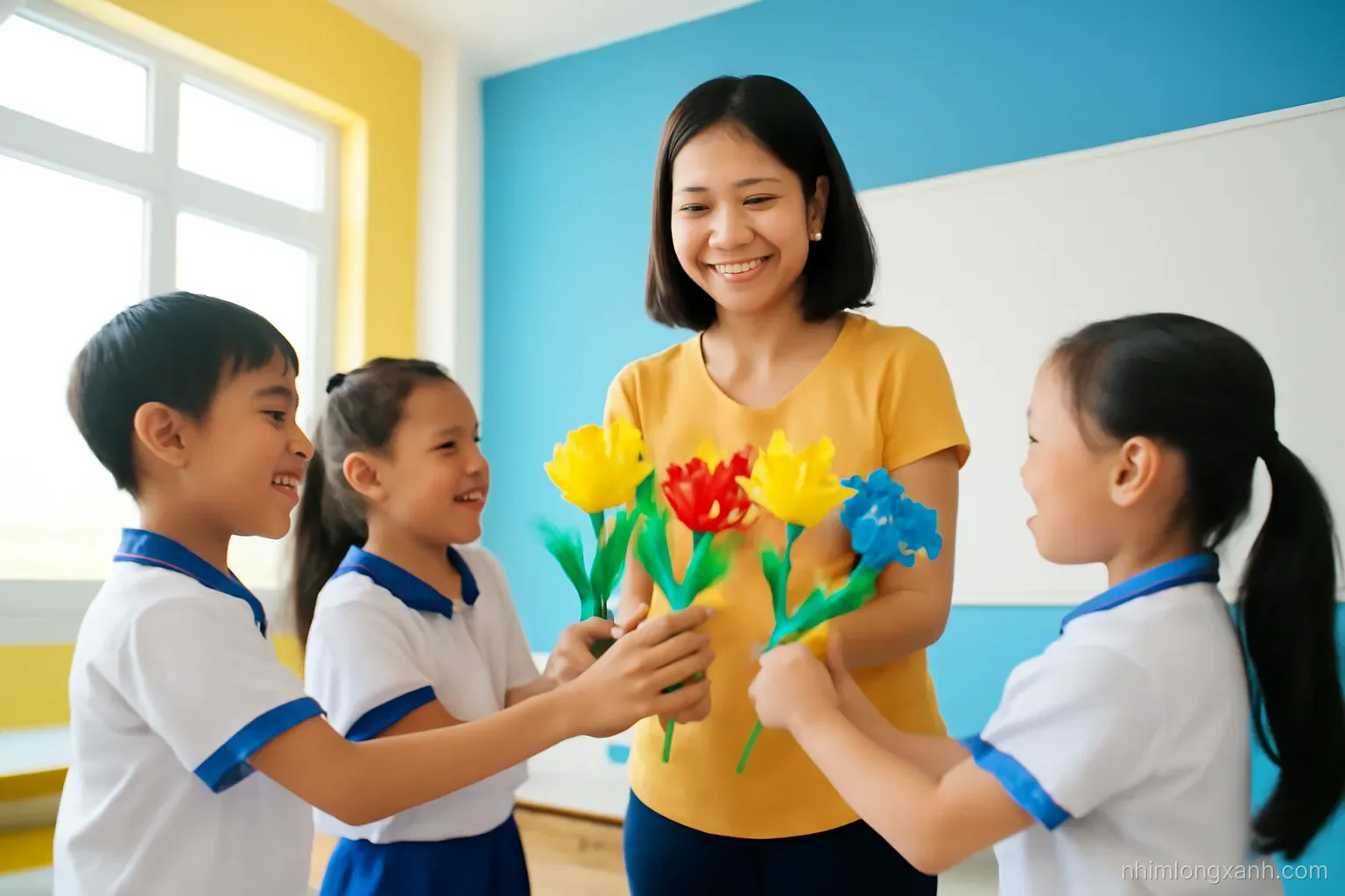 Low angle shot of Vietnamese primary school children holding handmade paper flower bouquets toward their smiling teacher in a bright classroom, cheerful blue and yellow palette