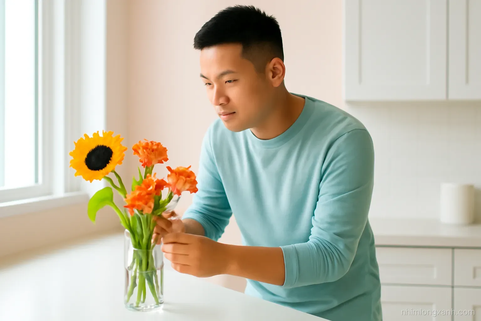 Side-angle medium shot of a Vietnamese man arranging a small bouquet of orange carnations and sunflowers into a glass vase on a white kitchen counter, soft pastel background, morning window light
