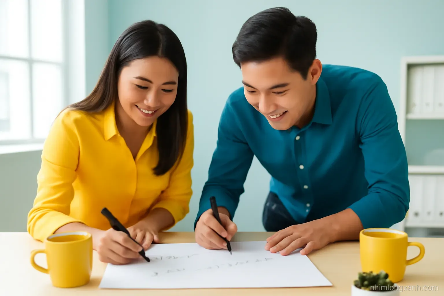Eye-level medium shot of Vietnamese office coworkers leaning over a desk adding handwritten wishes to a large blank farewell card, coffee cups and a succulent, lemon yellow and teal palette
