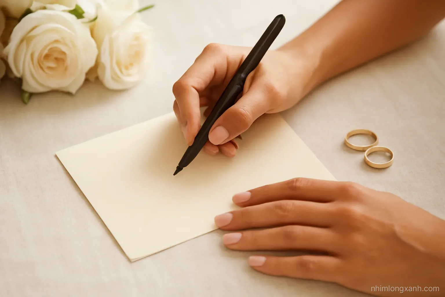 Macro close-up of the hands of a Vietnamese wedding guest writing on a blank cream envelope beside white roses and gold rings on a linen tablecloth, soft champagne tones