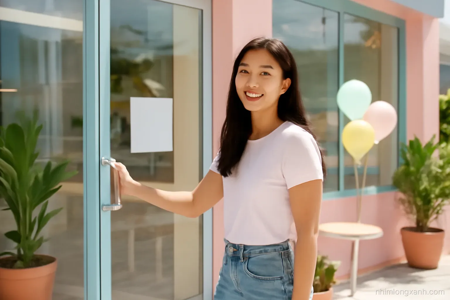 Medium shot from the sidewalk of a smiling Vietnamese young woman opening the glass door of her new pastel coffee shop, potted plants and balloons around, bright midday sunshine