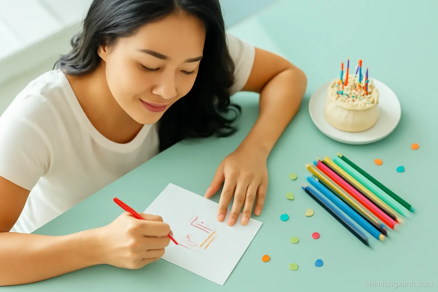 Top-down flat lay of a young Vietnamese woman decorating a blank birthday card with colored pencils on a mint green table, small cake and confetti, bright morning light