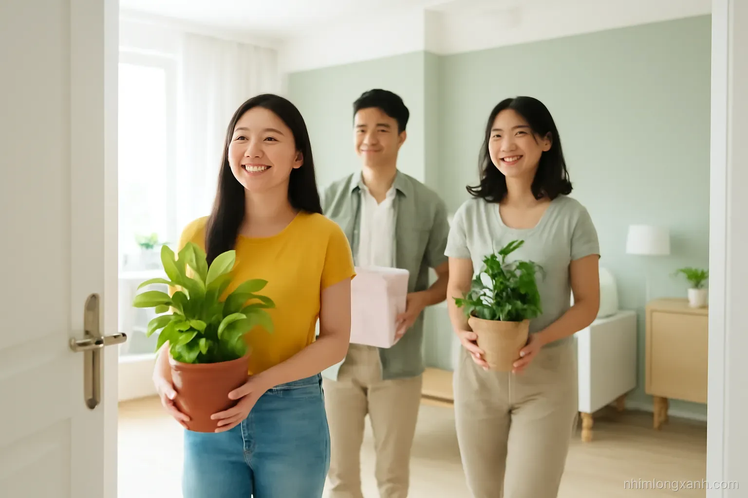 View from inside the doorway of young Vietnamese friends carrying potted plants and a gift box into a bright modern apartment with pale wood floors, airy white and sage green palette