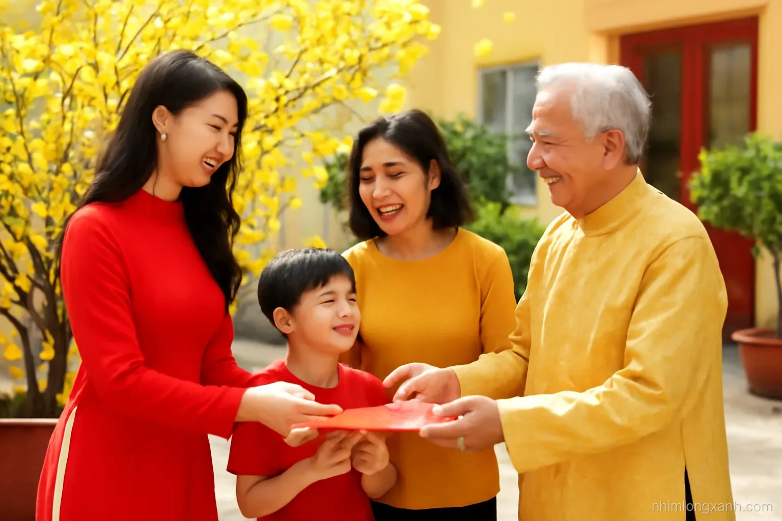 Wide shot of a Vietnamese family of three generations exchanging lucky red envelopes in a sunny courtyard with yellow apricot blossoms, warm red and gold palette, eye level