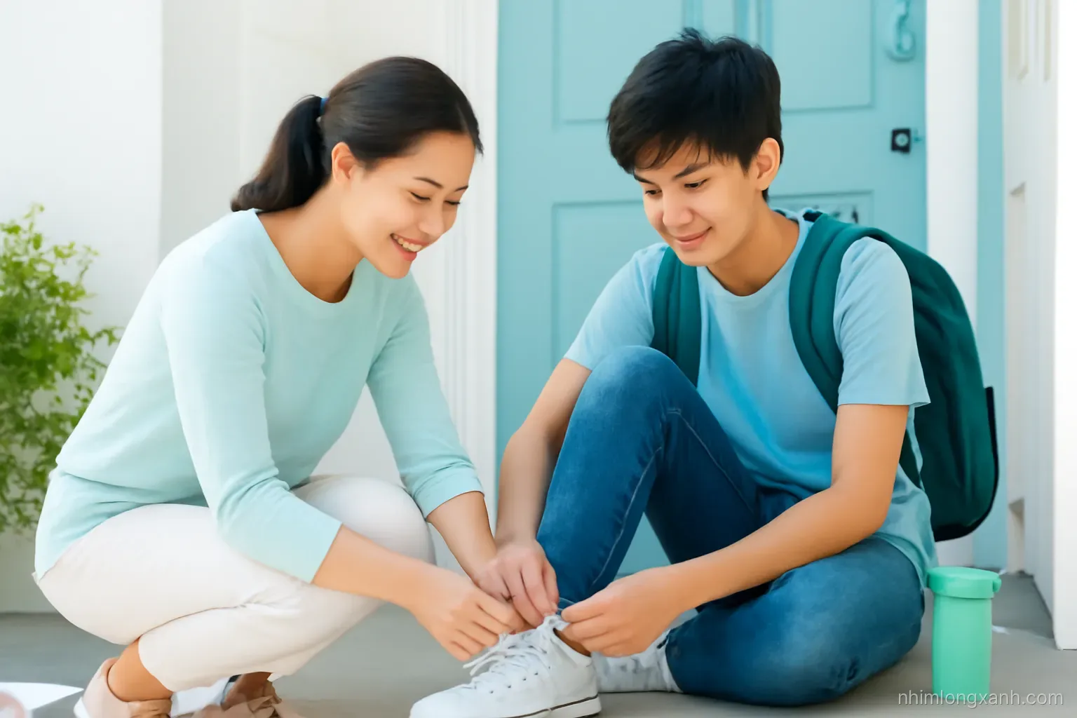 Close-up of a Vietnamese mother tying the shoelaces of her teenage son at the front door on an exam morning, backpack and water bottle, fresh mint and sky blue tones
