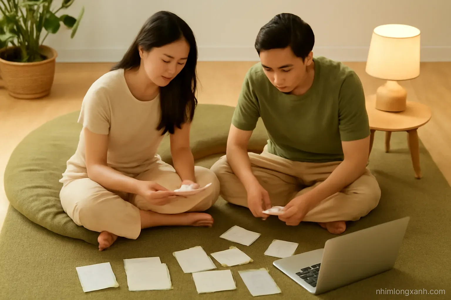Overhead view of a Vietnamese couple at a bakery table after closing, boxing pastries beside a coin jar and a laptop with blank glowing screen, warm lamp light, olive green and cream