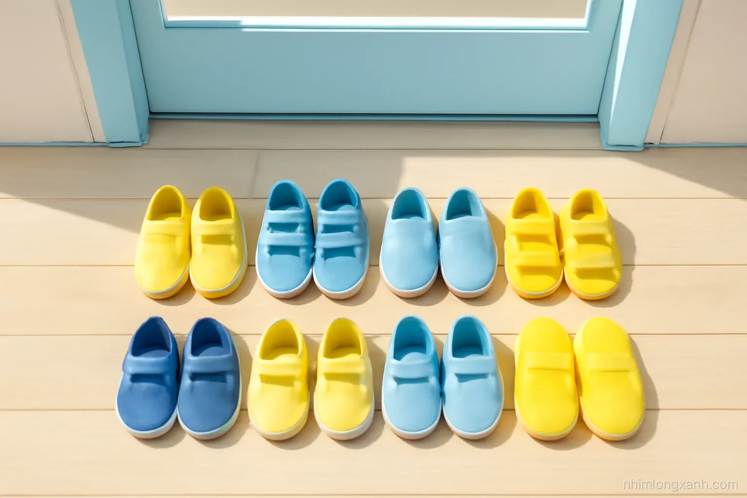 Top-down view of three rows of tiny colorful shoes and slippers lined up neatly on a pale wooden floor outside a preschool classroom, bright midday light, sky blue and lemon palette