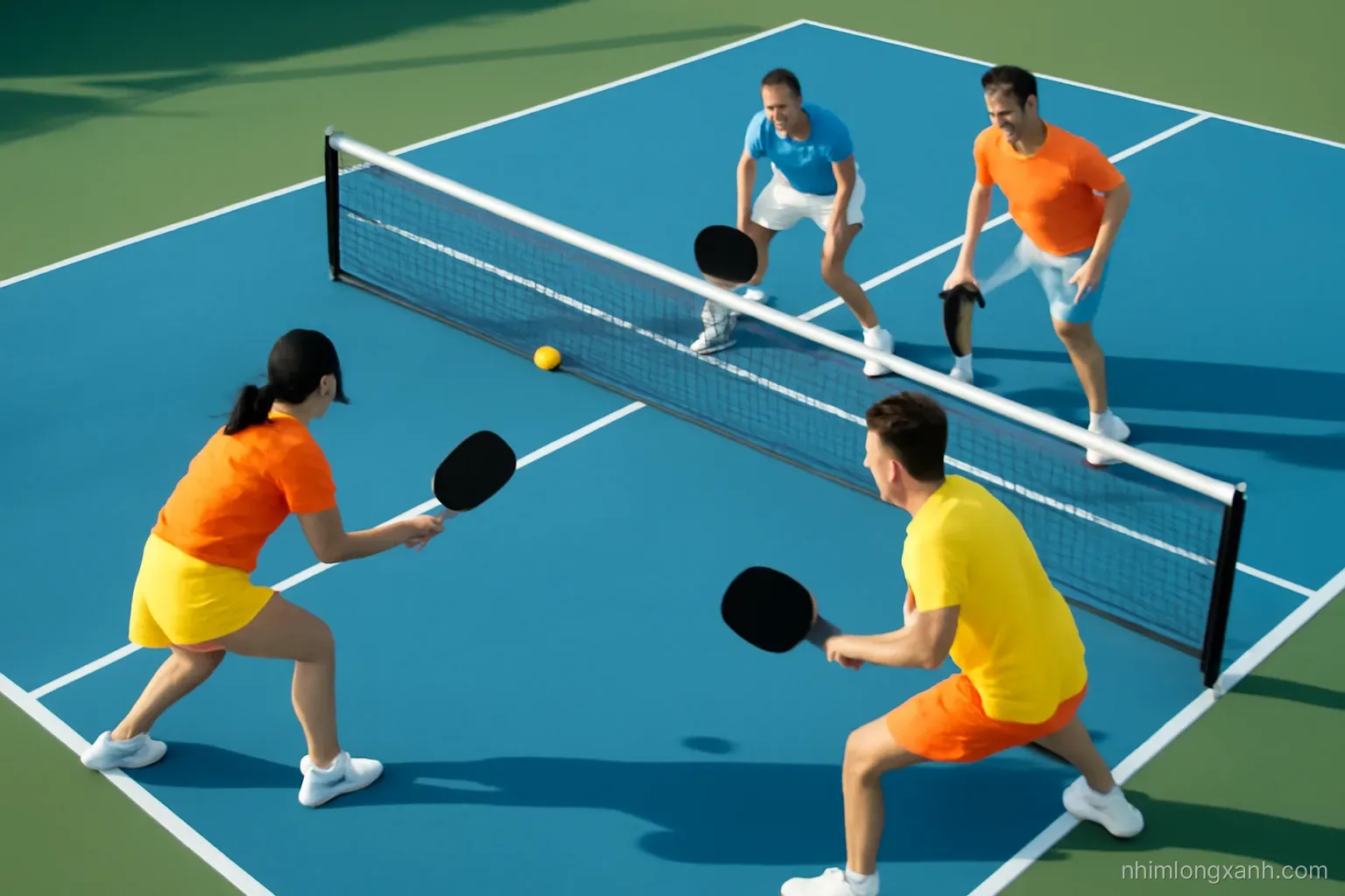 High angle wide shot of four Vietnamese players in bright outfits playing doubles pickleball on a blue and green outdoor court, late afternoon sun, crisp shadows