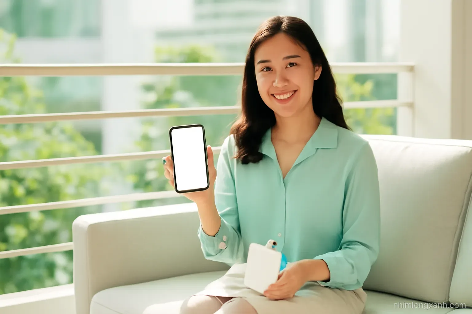 Young Vietnamese office worker sitting on a balcony sofa holding a smartphone with a blank glowing display, ID card on knee, morning sunlight, soft mint and cream tones, medium shot