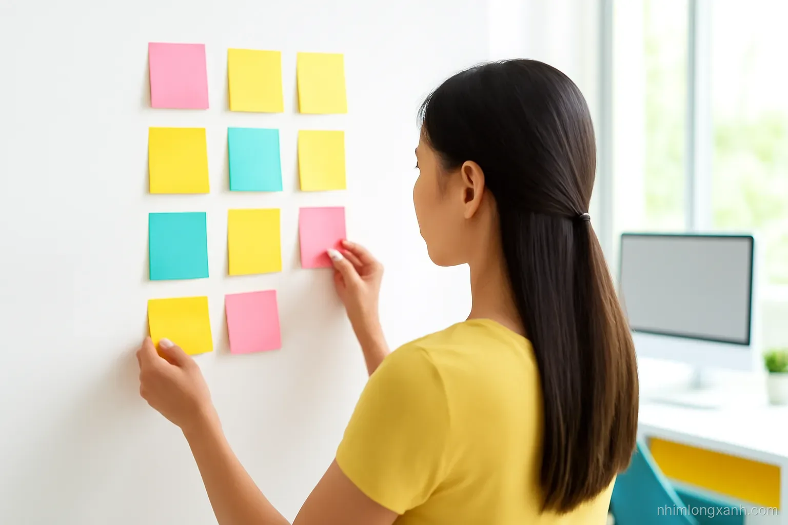 Over-the-shoulder view of a young Vietnamese woman sorting colorful sticky notes into four groups on a white wall, bright modern office, yellow, teal and pink accents, no writing visible