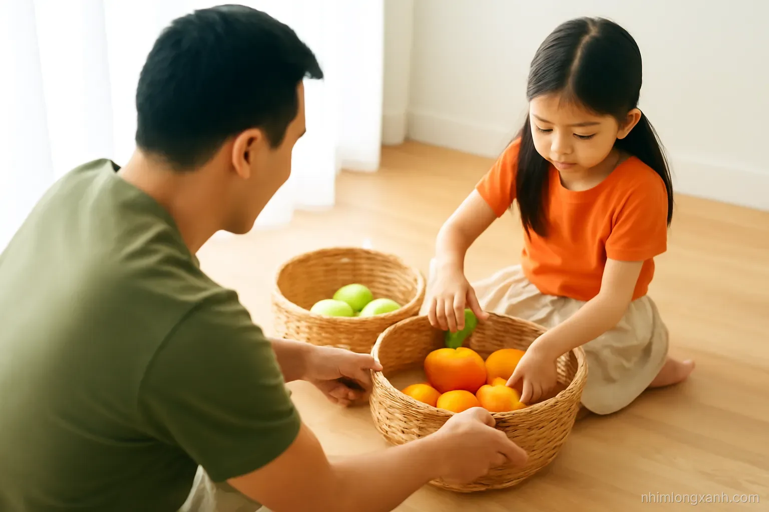 Over-the-shoulder view of a Vietnamese father and daughter sorting fruit into three nested woven baskets on a wooden floor, soft window light, olive green and tangerine palette