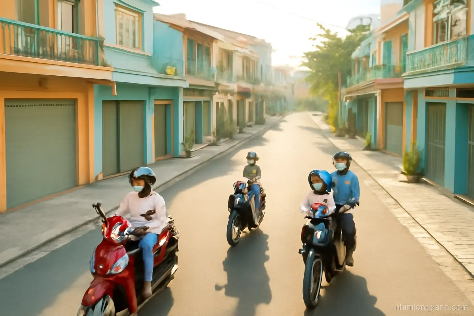 Aerial wide shot of a Vietnamese neighborhood street at morning drop-off, parents on motorbikes with small children in helmets, low-rise colorful buildings, fresh golden light, terracotta and jade palette
