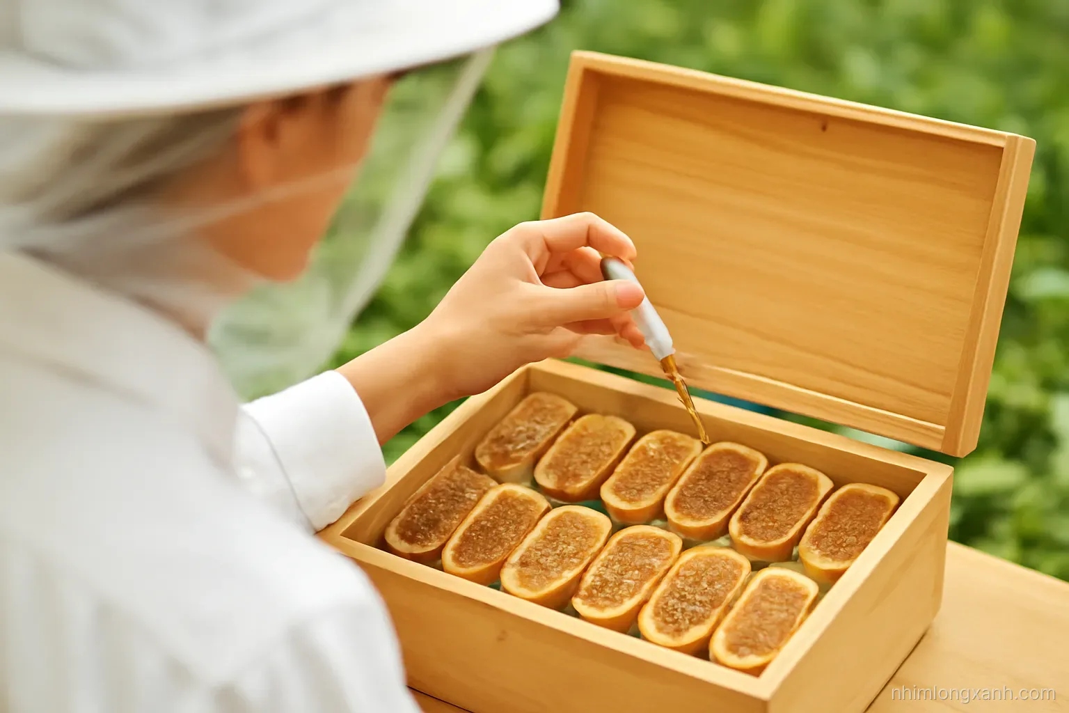 Over-the-shoulder view of a Vietnamese beekeeper using a small syringe to draw thin golden honey from oval resin pots in an opened wooden box, shaded garden, soft green light