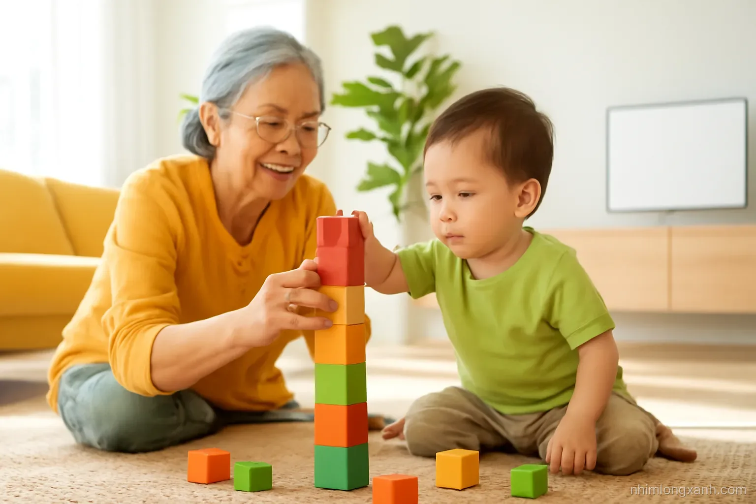 Wide shot of a Vietnamese grandmother and toddler grandson stacking colorful wooden blocks on a woven mat in a sunny living room, low camera angle, saffron and leaf green palette