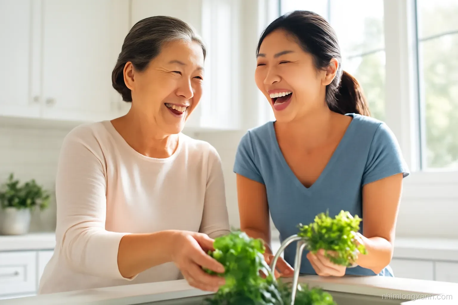 Low angle shot of a Vietnamese older woman and her young daughter-in-law laughing together while washing vegetables at a bright kitchen sink, fresh green herbs, morning sunlight