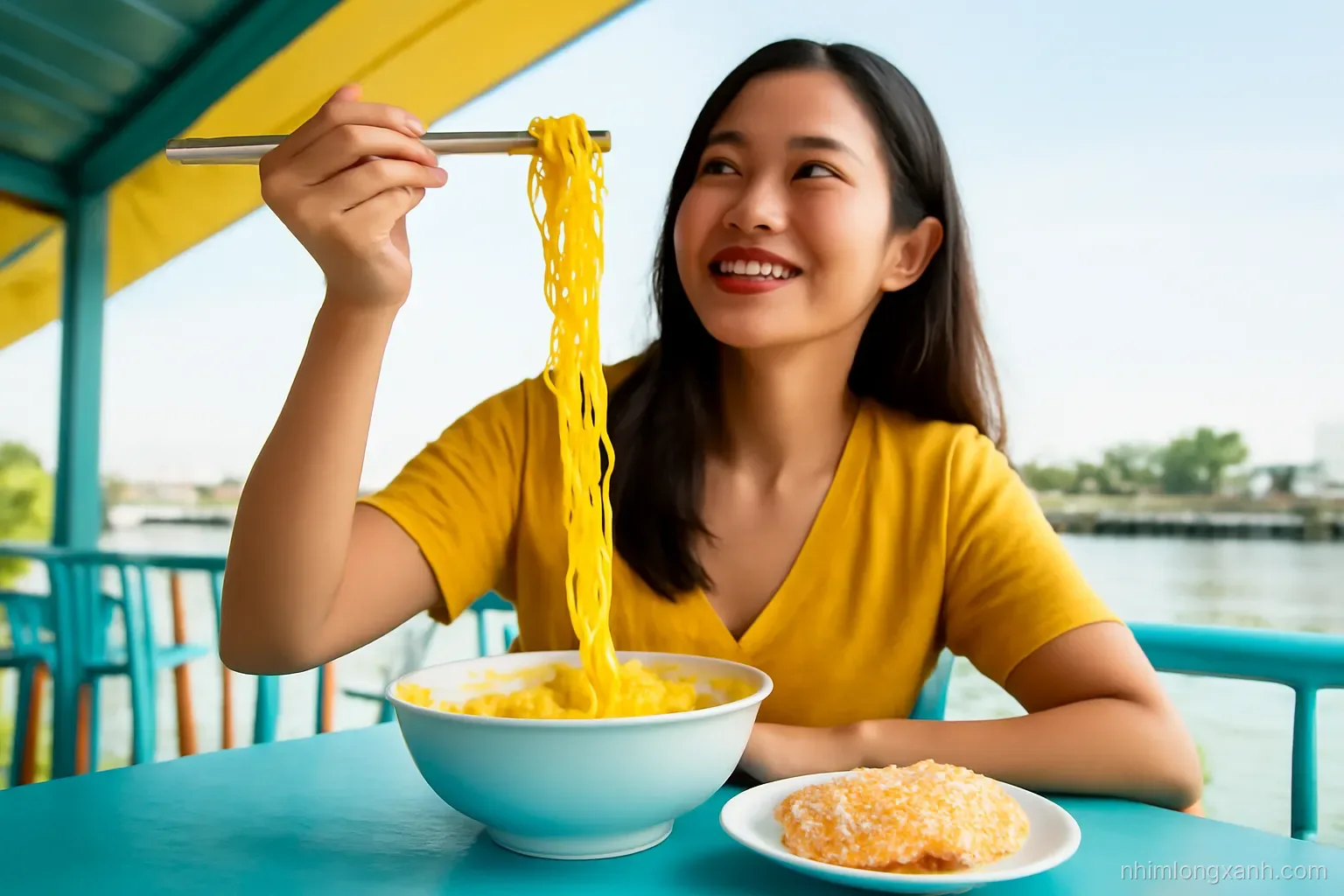 Low angle shot of a Vietnamese woman in her thirties lifting yellow mi Quang noodles with chopsticks, sesame rice crackers beside the bowl, bright riverside cafe, turquoise and saffron colors