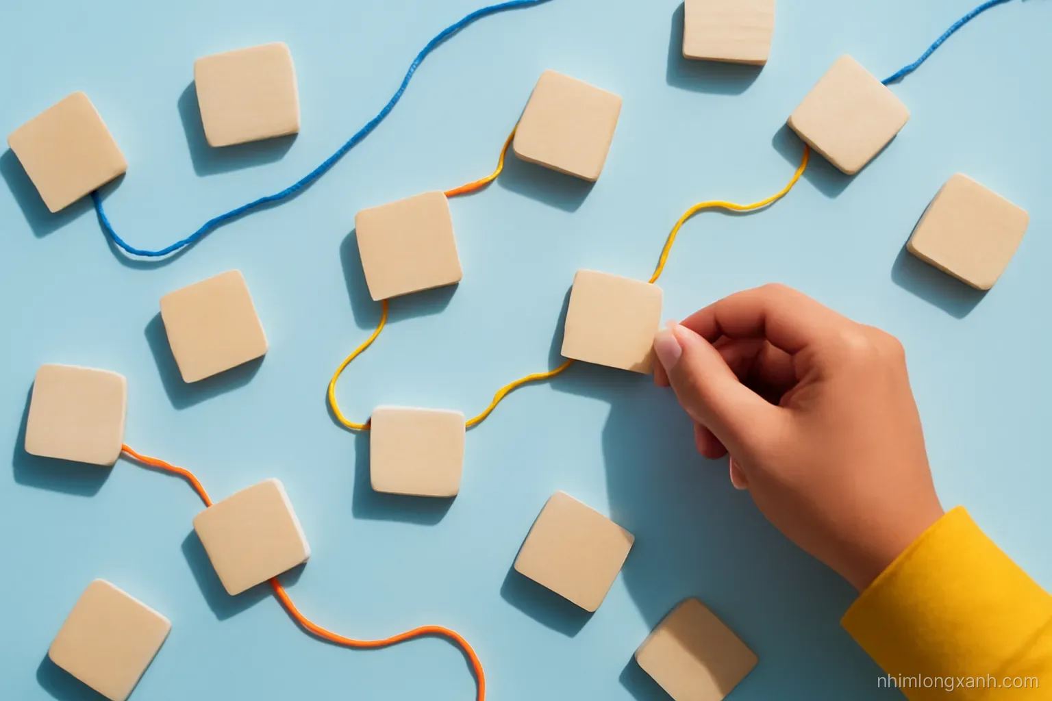 Top-down flat lay of scattered wooden alphabet-free tiles, colored threads linking them across a pale blue desk, a Vietnamese student hand arranging pieces, crisp morning light, cobalt and saffron palette