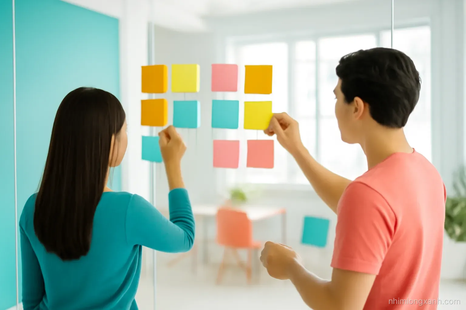 Over-the-shoulder view of two young Vietnamese partners sticking colorful blank paper notes into four groups on a glass wall, bright co-working space, teal and coral palette