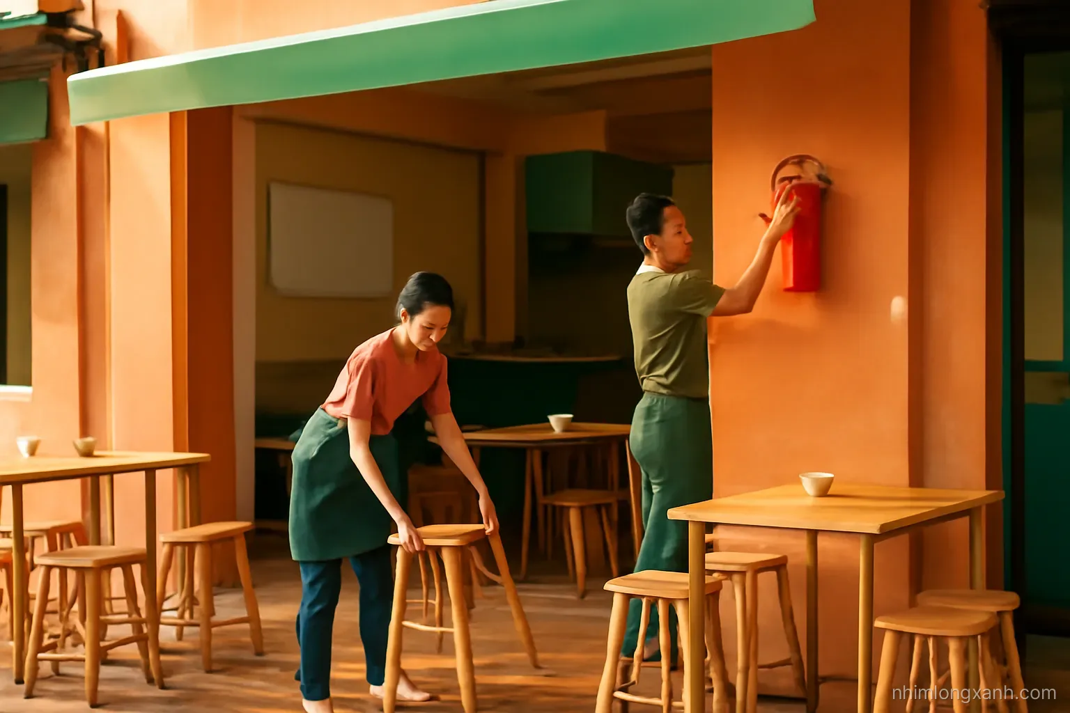 Wide shot of an empty Vietnamese street-corner eatery being set up, owner couple arranging wooden stools and hanging a fire extinguisher, golden late-afternoon light, warm terracotta and green tones