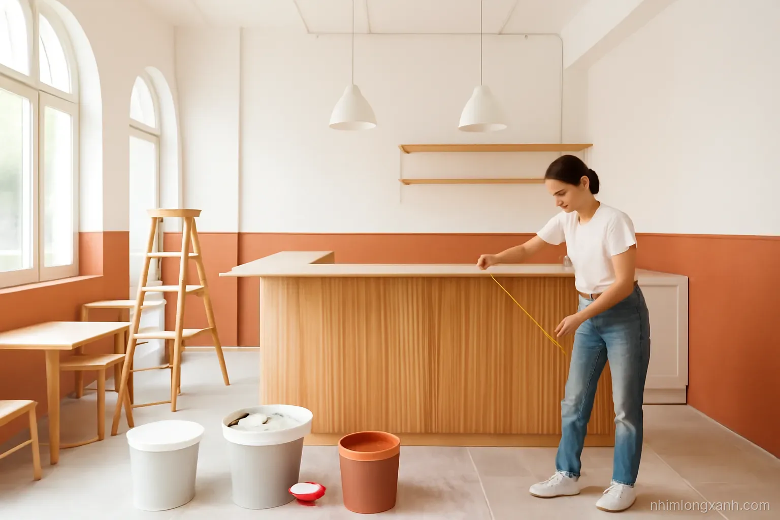 Wide interior shot of an unfinished small Vietnamese café under renovation, young owner measuring a wooden bar counter with a tape, paint buckets, bright daylight, white and terracotta tones