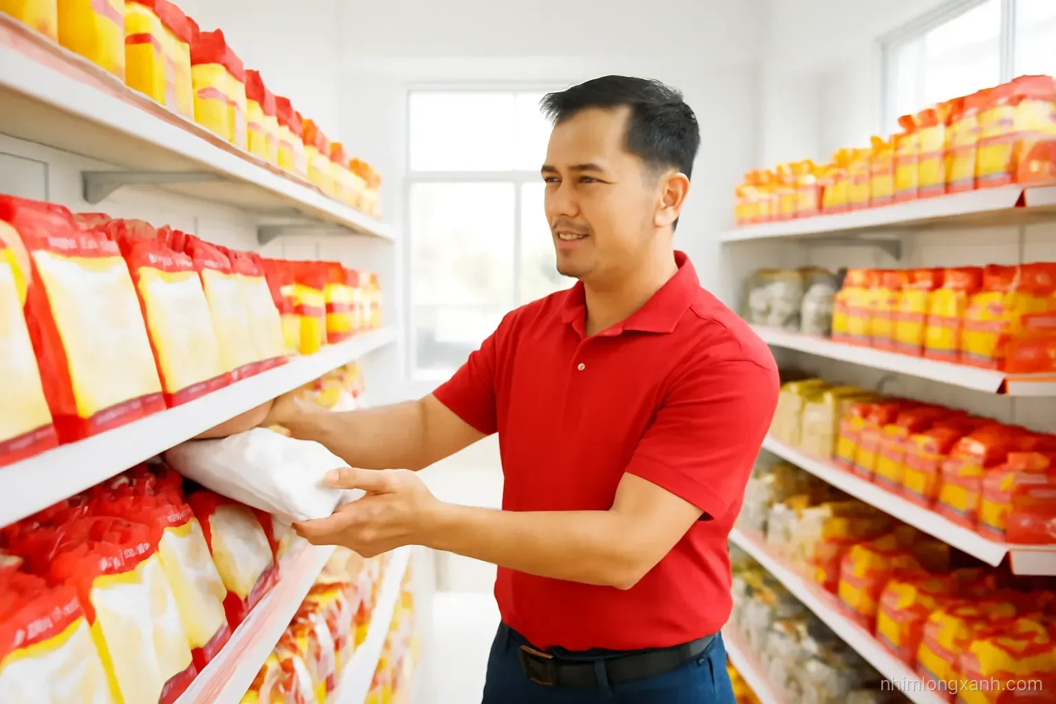 Eye-level shot of a middle-aged Vietnamese shopkeeper restocking neat shelves of plain unbranded rice sacks, oil bottles and noodle packs in a bright neighborhood grocery, red and yellow tones