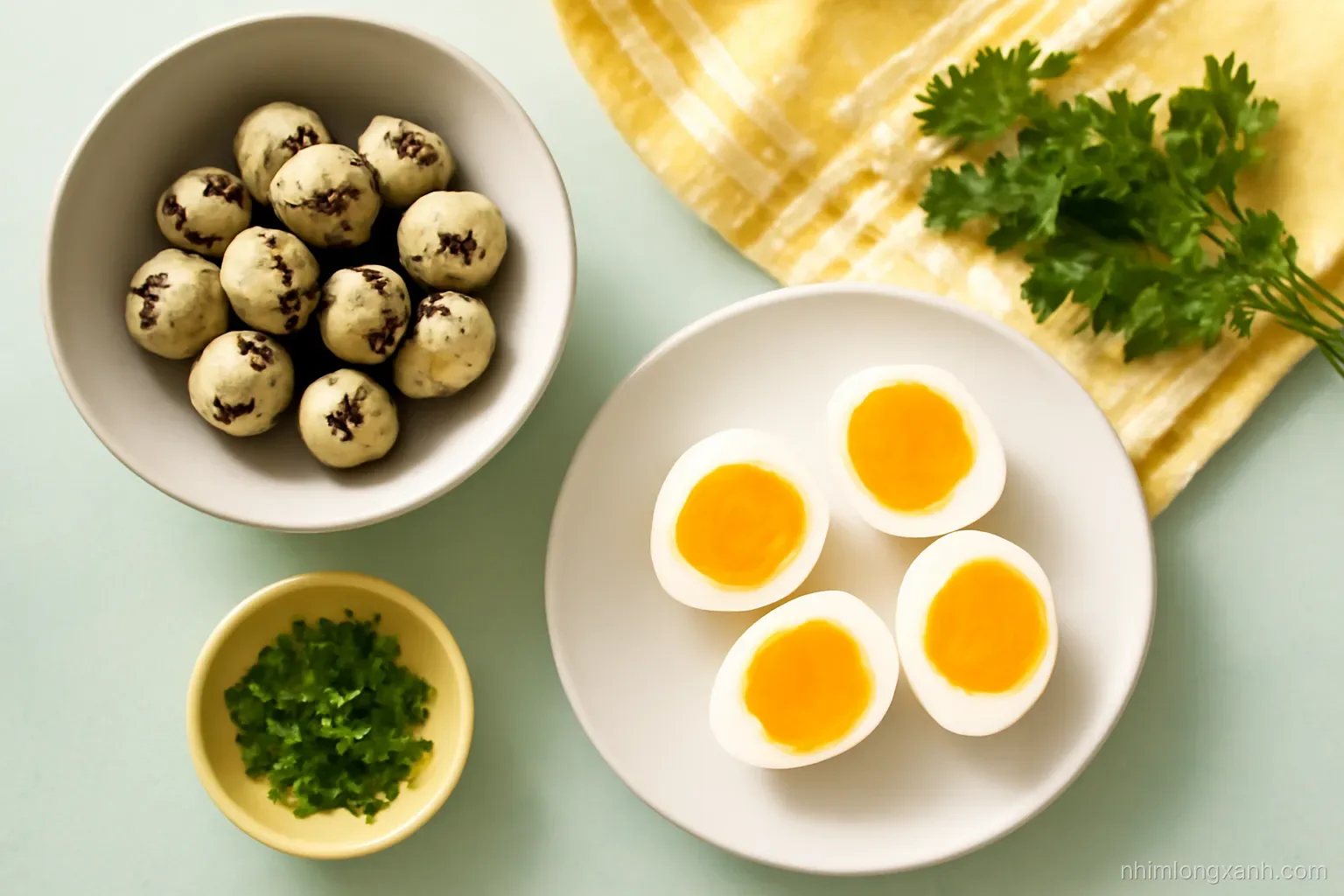 Top-down flat lay of a bright kitchen counter with halved soft-boiled eggs, quail eggs in a ceramic bowl and fresh herbs, soft morning light, warm yellow and mint palette