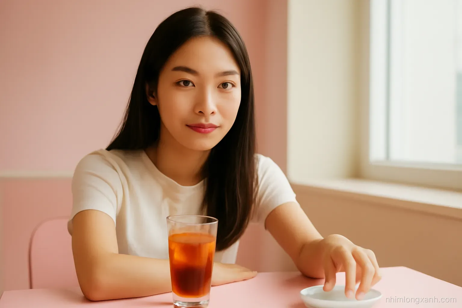 Eye-level close-up of a young Vietnamese woman at a pastel cafe table pushing a small dish of sugar cubes away from her iced tea, soft diffused light, pink and cream palette