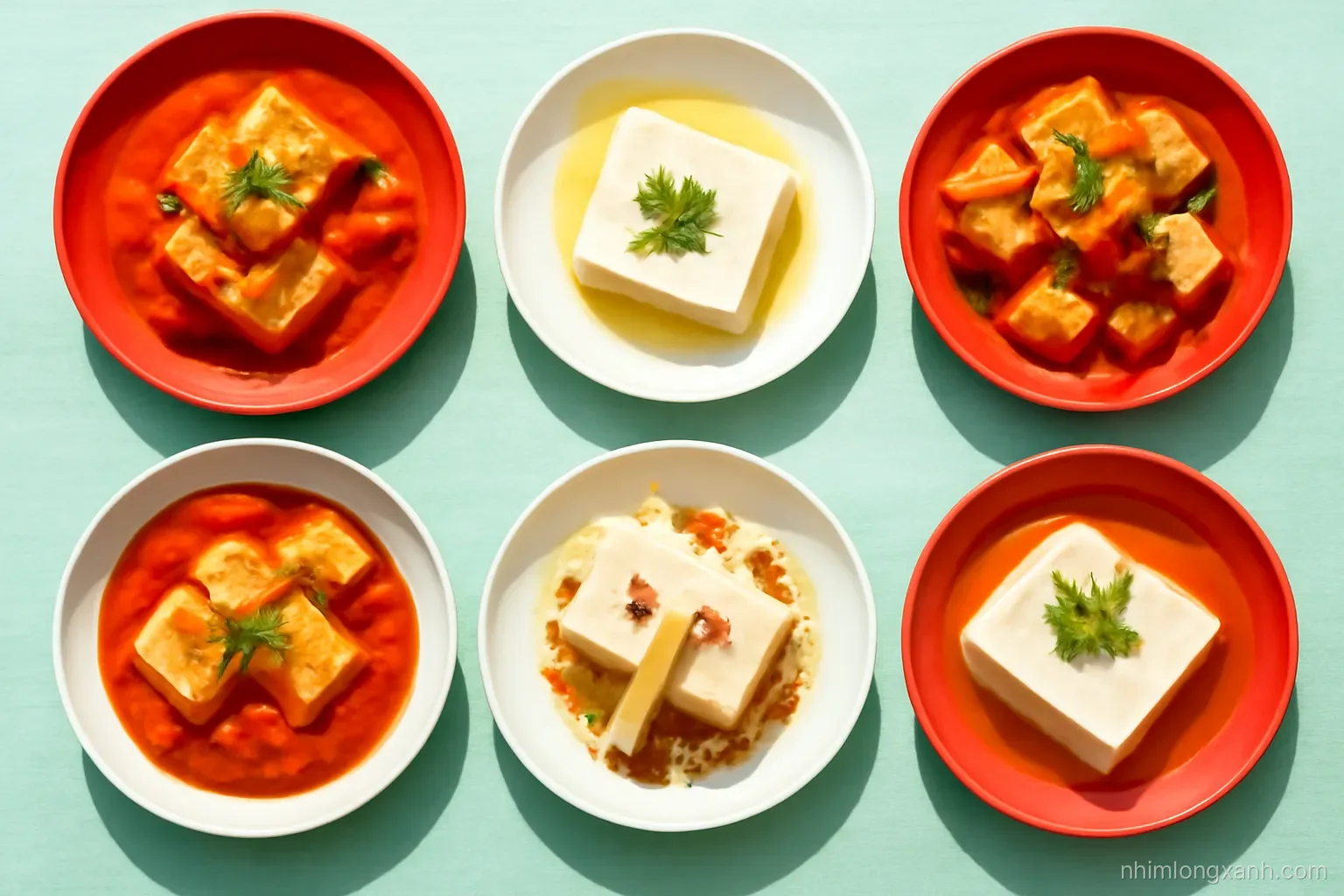 Eye-level side shot of a Vietnamese teenage girl turning golden tofu cubes with long chopsticks in a shallow pan under a mesh splatter guard, airy white kitchen, butter yellow and sage tones