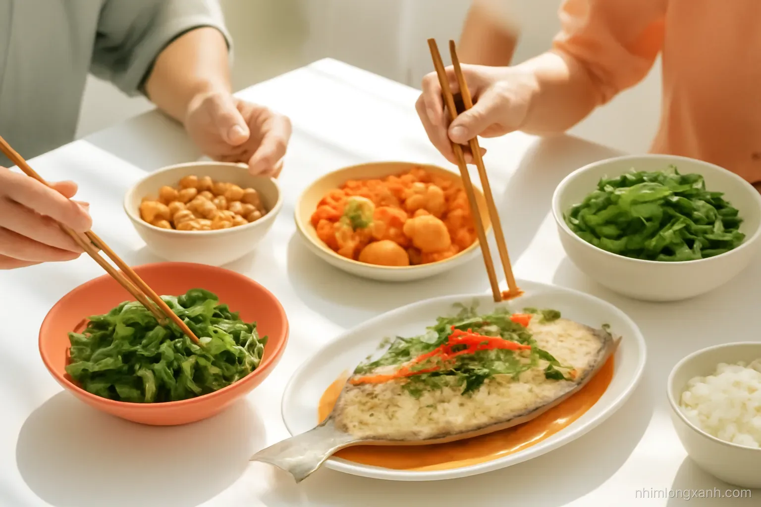 Forty-five degree angle shot of a Vietnamese family lunch table with steamed fish, tofu with tomato sauce, boiled peanuts and green vegetables, bright natural light, coral and leafy green palette