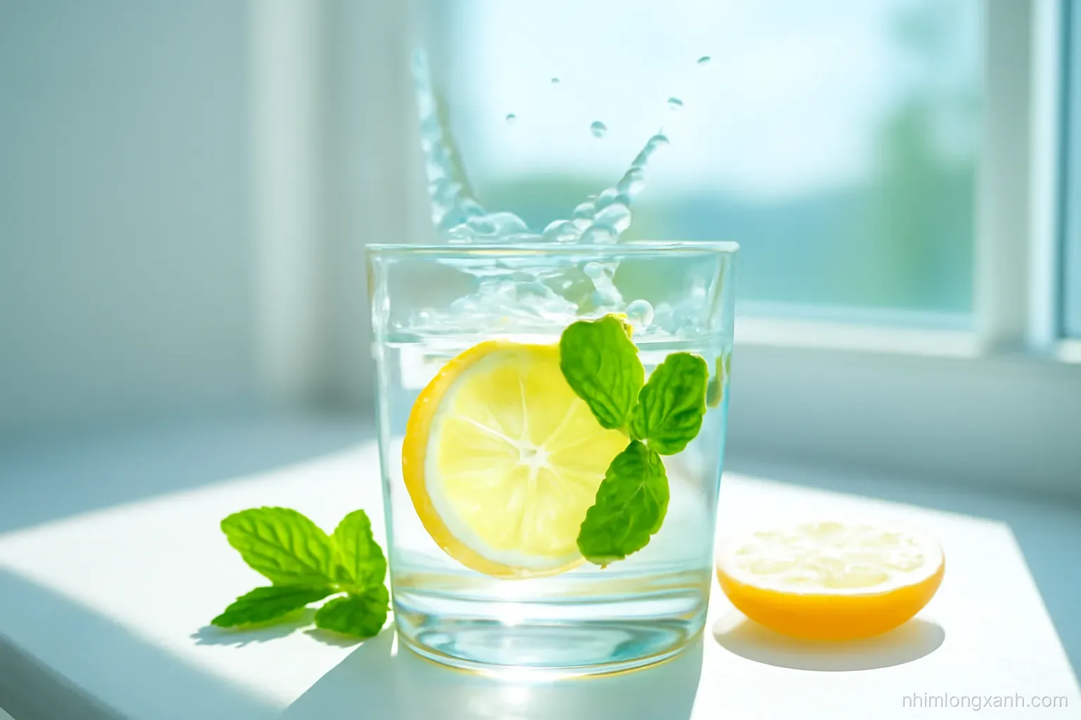 Macro shot of water droplets splashing into a clear glass on a sunlit windowsill with mint leaves and lemon slices, crisp morning light, aqua and lime palette
