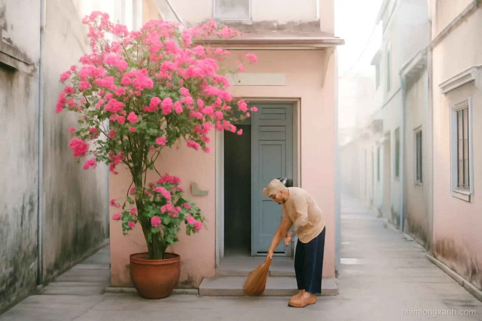 Wide shot of an old narrow tube house in a quiet Vietnamese alley, an elderly woman sweeping the doorstep, potted bougainvillea, soft early morning haze, pastel pink and grey tones