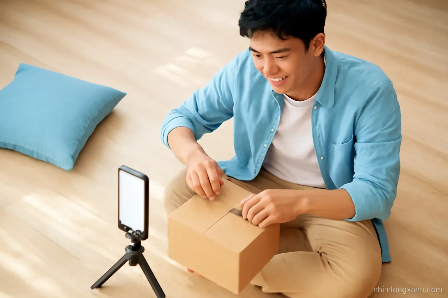 Young Vietnamese man filming himself unboxing a cardboard parcel on a wooden floor with a smartphone on a tripod, top-down view, bright daylight, kraft brown and sky blue tones