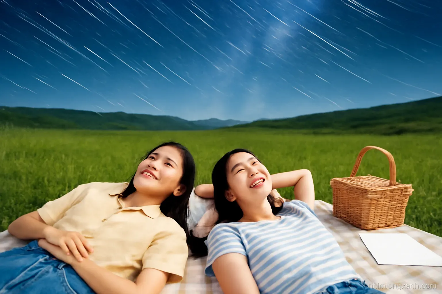 Two young Vietnamese friends lying on a picnic mat in a dark grassy highland field gazing up at streaks of light across a starry navy sky, long exposure