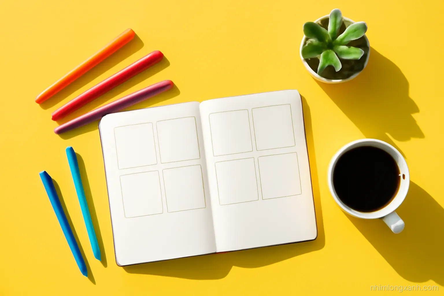 Top-down flat lay of a bright yellow desk with an open planner showing only hand-drawn blank boxes, colored pens, a small succulent and a coffee cup, crisp morning light