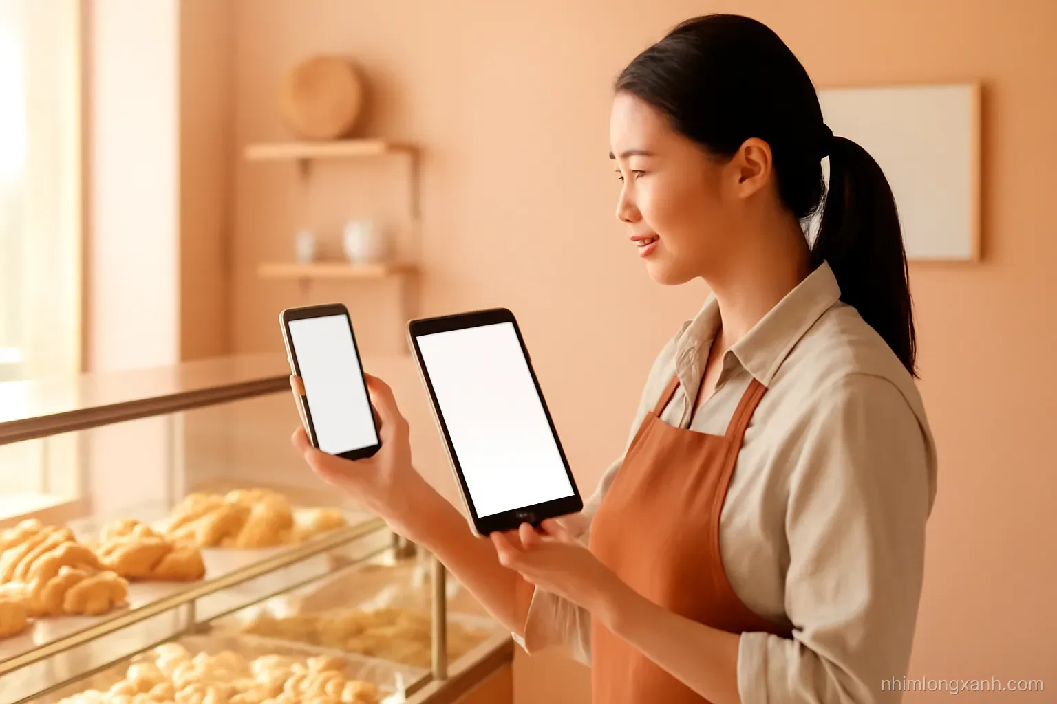 Top-down view of a bakery counter with a tray of fresh croissants, a kraft bag and a phone with a blank glowing screen, Vietnamese hands lifting a pastry, warm peach and caramel tones