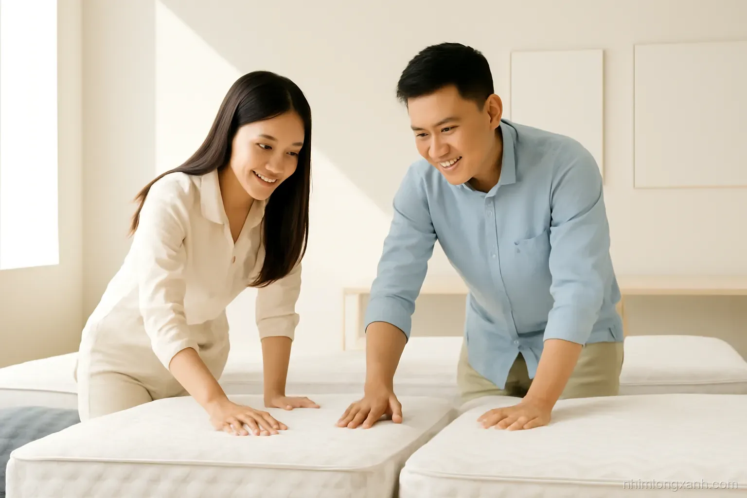 Vietnamese couple pressing their hands into different mattress samples in a sunny minimalist showroom, side angle medium shot, soft cream and dusty blue palette