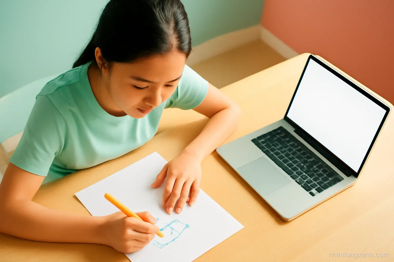 Medium shot through a glass doorway of three Vietnamese university students gathered around a laptop with a blank glowing screen in a bright campus lab, potted plants, mint green and coral palette
