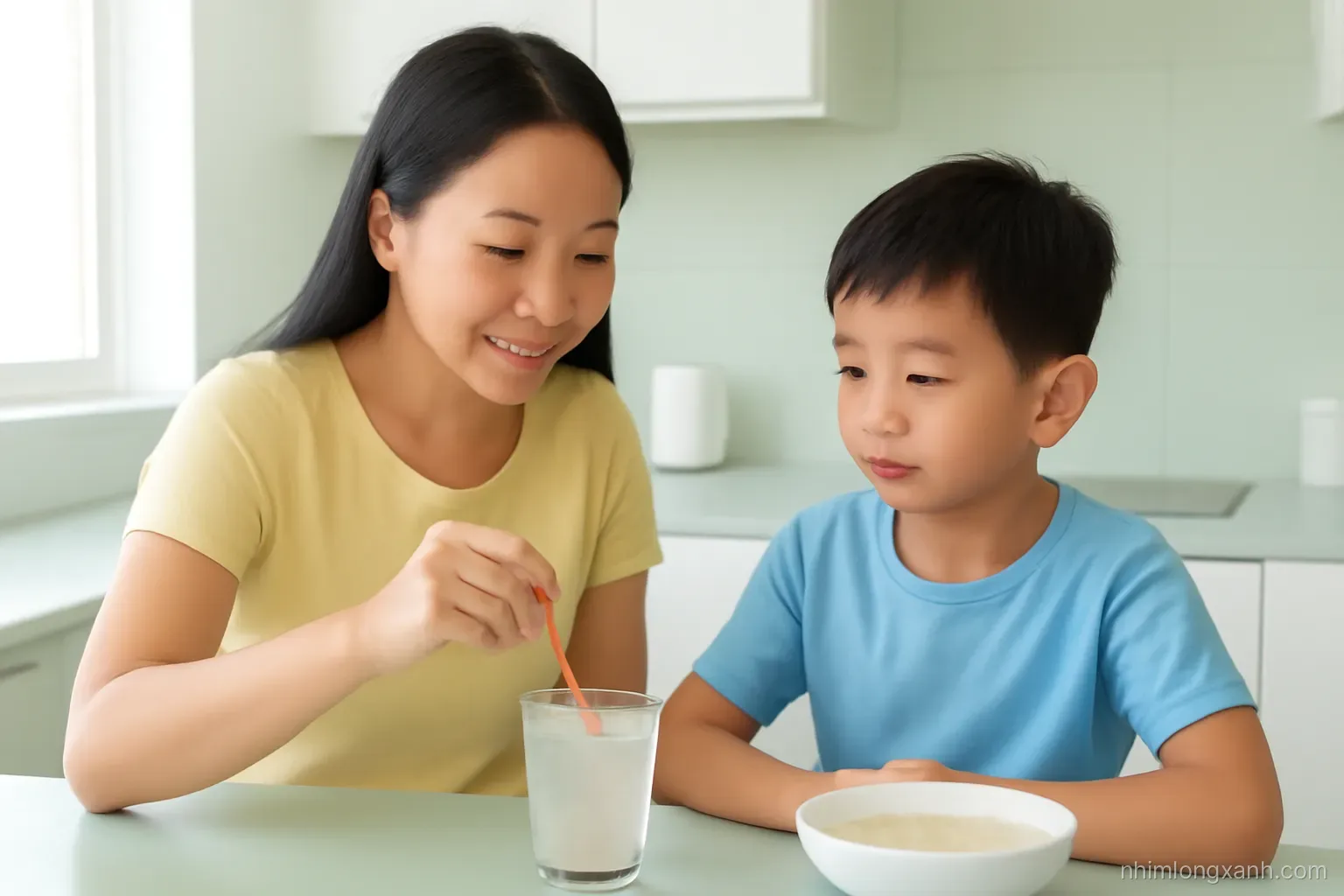 Three-quarter view of a Vietnamese mother stirring a glass of rehydration solution for her young son at a pale green kitchen counter, plain rice porridge nearby, soft natural light