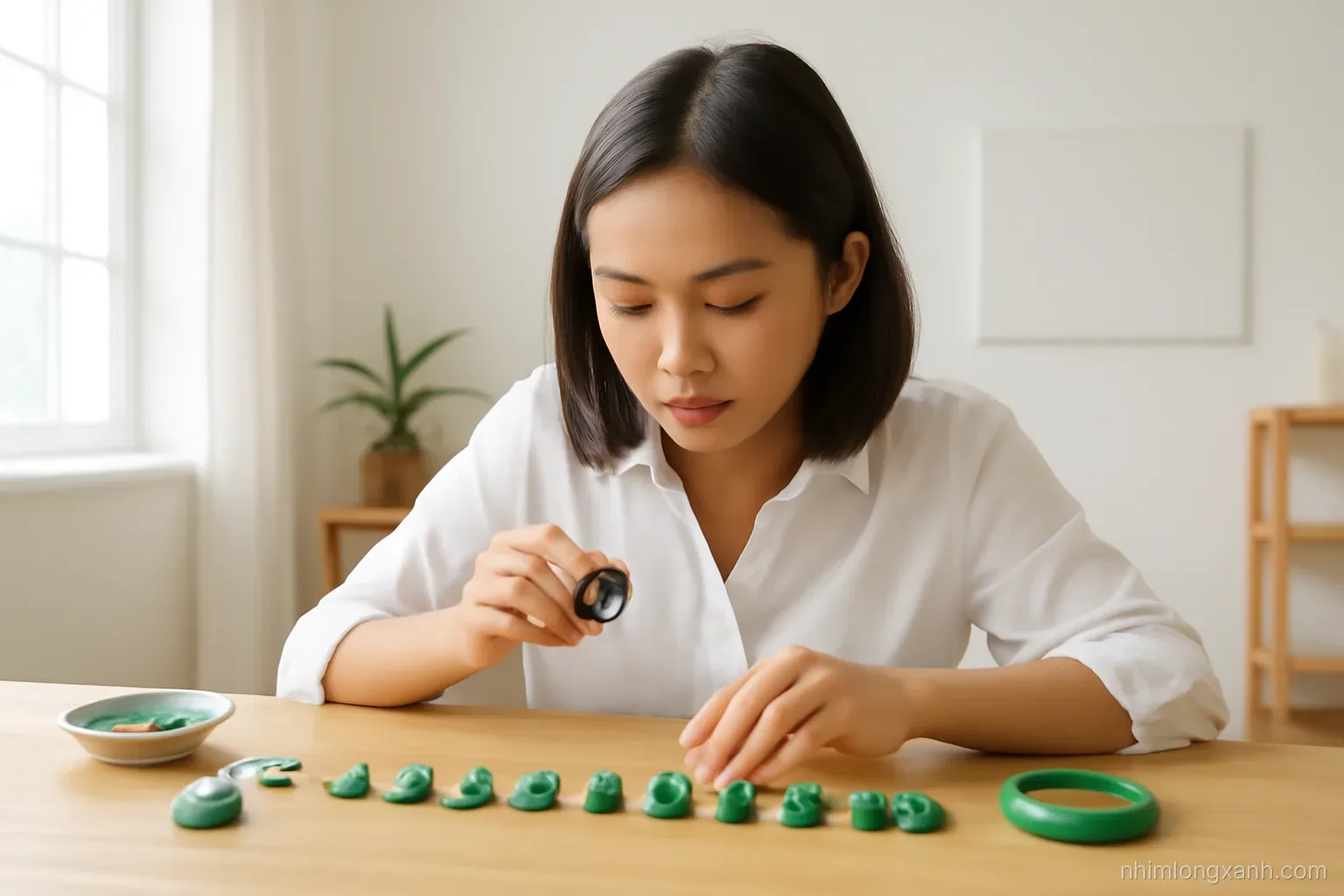 Wide shot of a Vietnamese gem collector at a bright wooden workbench arranging green stones of varied shades in a neat row, loupe in hand, airy studio light, jade and oak tones