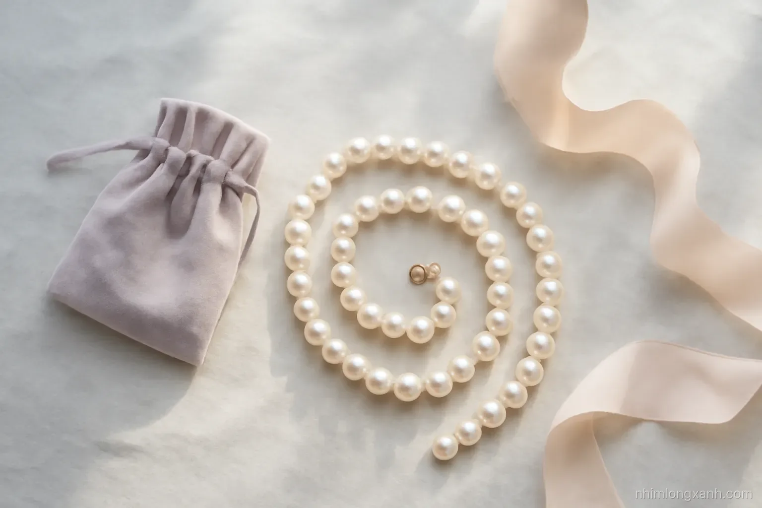 Top-down flat lay of a strand of white pearls coiled on soft grey linen beside a small velvet pouch and silk thread, soft diffused morning light, pastel tones