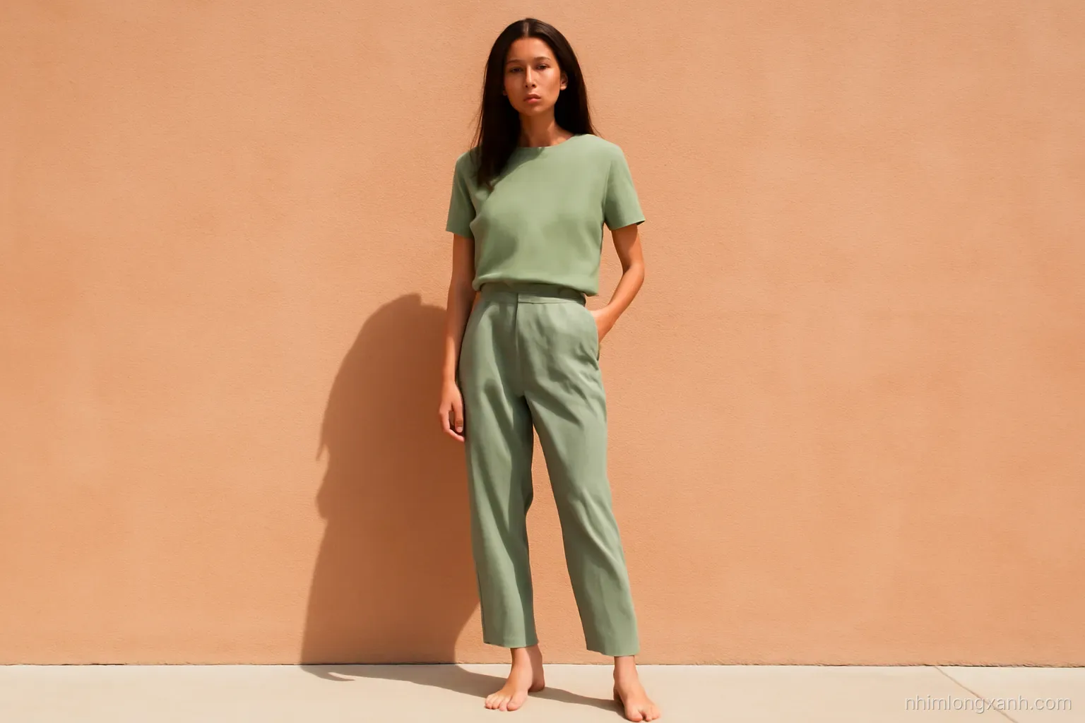 Full-length eye-level shot of a petite Vietnamese woman in a monochrome sage green outfit with nude sandals posing against a pale terracotta wall, bright midday light, soft modern palette