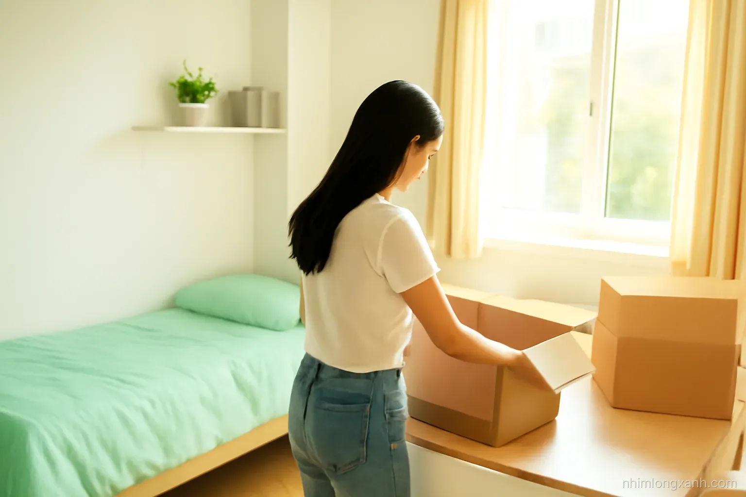 Over-the-shoulder view of a young Vietnamese female student unpacking boxes in a small sunlit dormitory room abroad, white walls, mint green bedding, warm afternoon light
