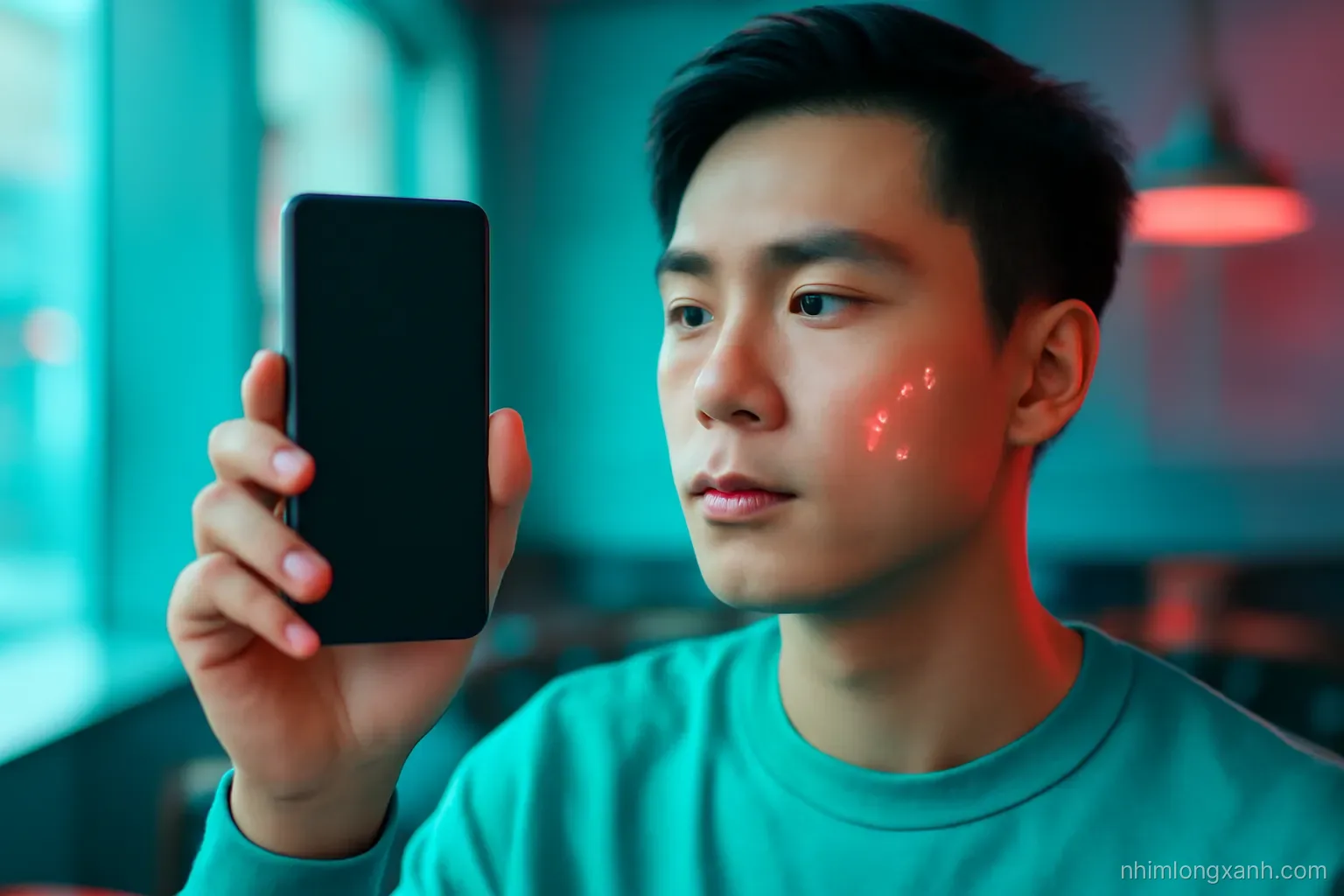 Close-up of a Vietnamese young man holding a smartphone at eye level in a dim cafe, faint red infrared dots glowing on his cheek, blank dark phone screen, teal and magenta neon tones