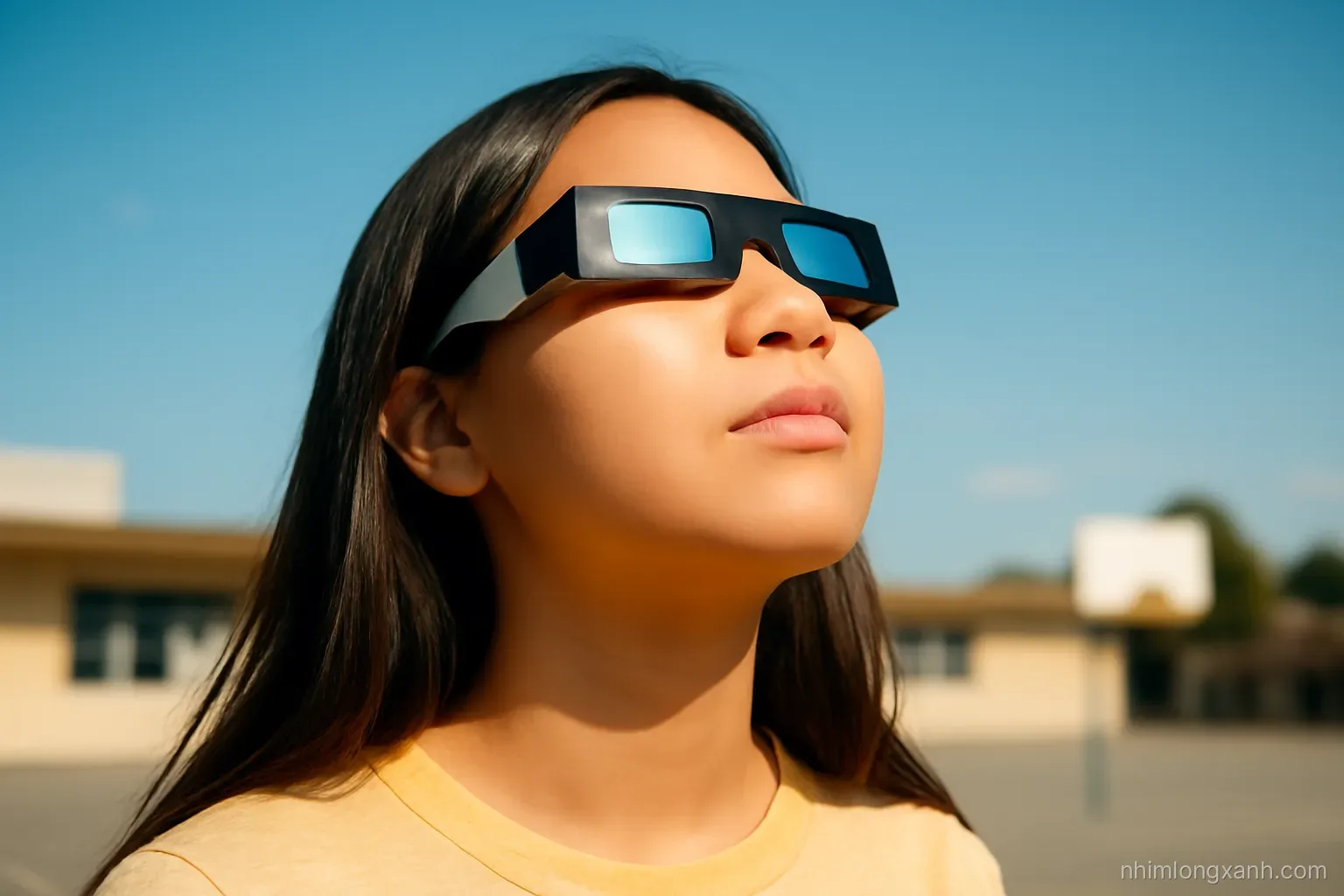 Close-up of a Vietnamese teenager wearing safe eclipse viewing glasses looking up in a schoolyard, crisp blue sky, soft golden light on face, shallow depth of field