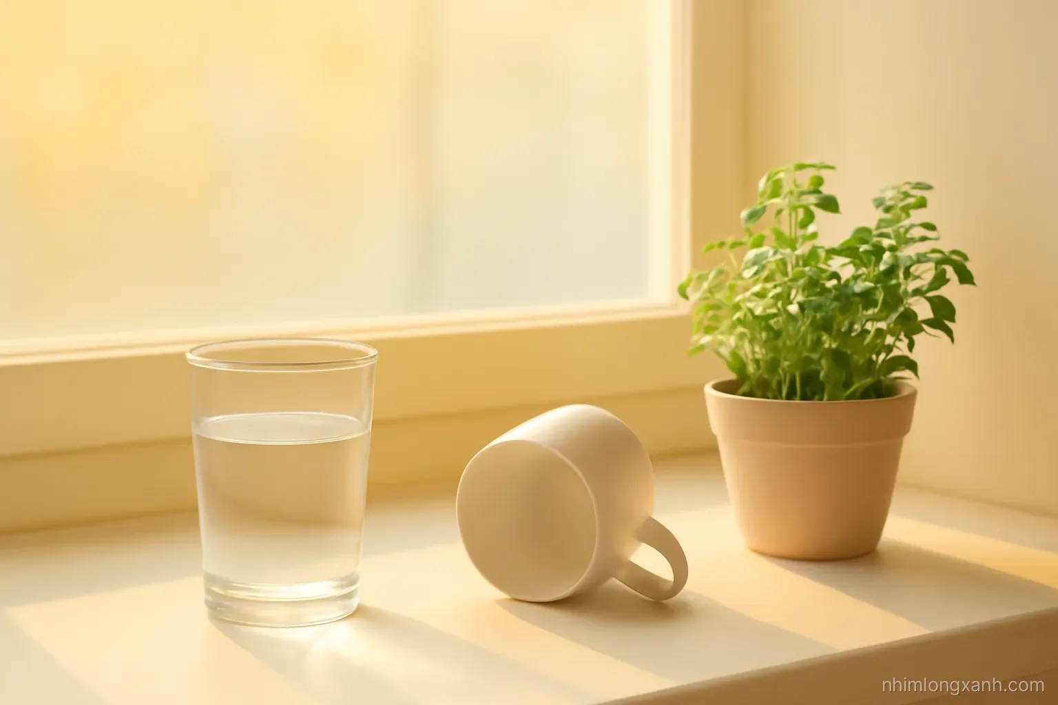 Still life on a sunlit windowsill at dawn: a clear glass of plain water beside an empty upturned coffee cup and a small potted herb, soft pastel yellow light, minimal composition