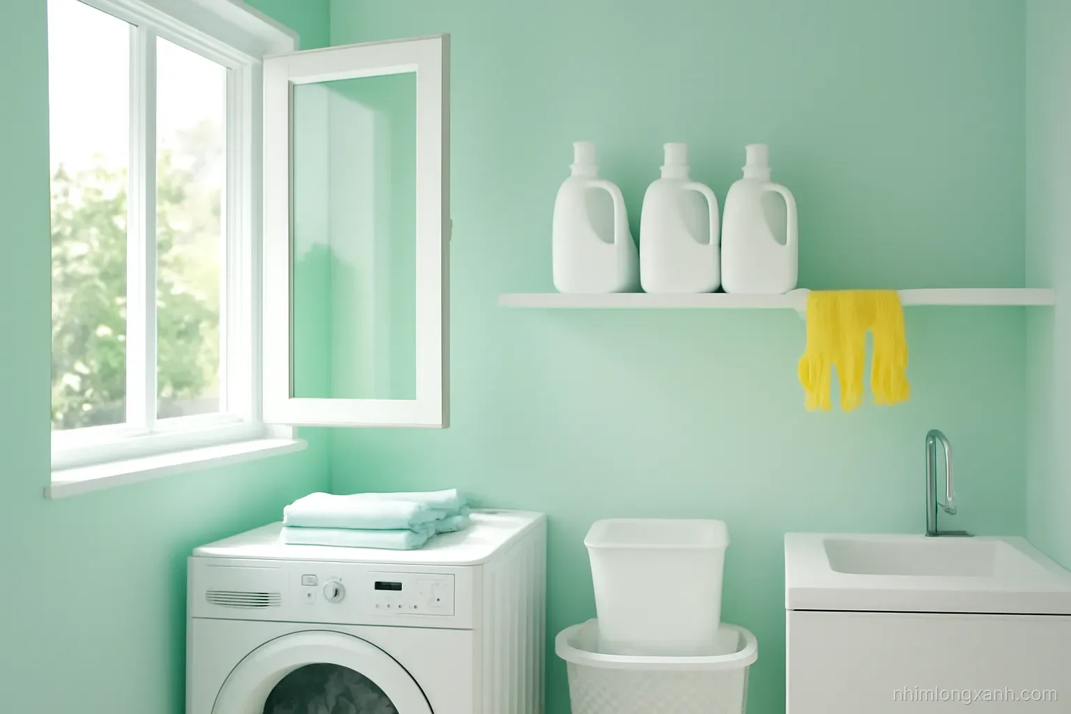 Wide shot of a bright tidy Vietnamese laundry nook with plain white bottles spaced apart on an open shelf, rubber gloves, window wide open, airy mint tones