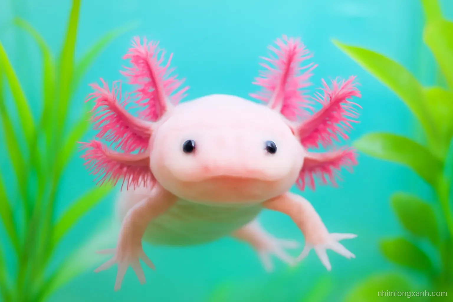 Macro close-up of a pink axolotl with feathery gills floating in a clean aquarium with bright green plants, glowing turquoise water, playful modern composition