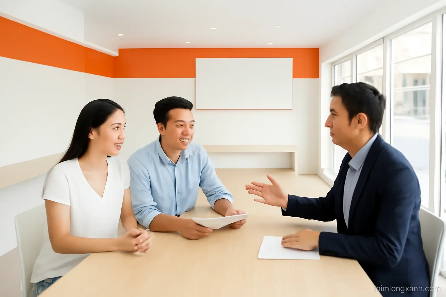 Vietnamese couple in their thirties discussing plans with a consultant at a long table inside an empty newly fitted kiosk, wide shot, bright clean daylight, white and tangerine palette